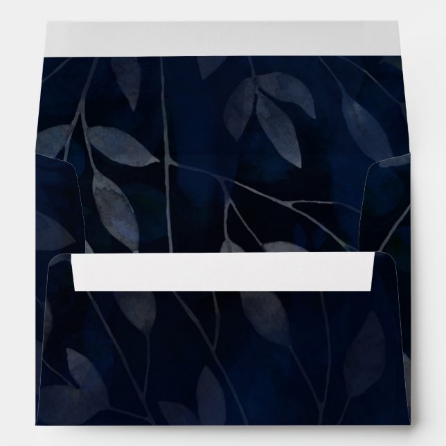 Dark Blue Botanical Leaves Modern Chic Wedding Envelope (Back (Bottom))