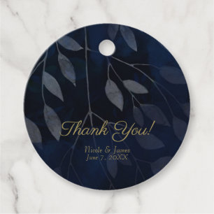Dark Blue Botanical Leaves Modern Chic Wedding Favour Tags