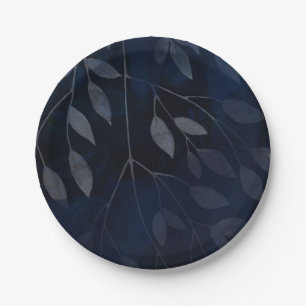 Dark Blue Botanical Leaves Modern Chic Wedding Paper Plate