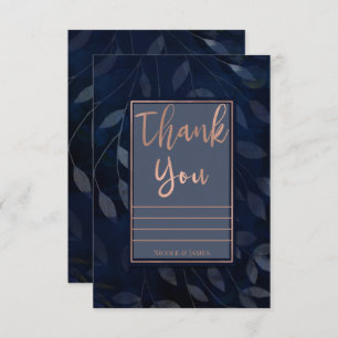 Dark Blue Botanical Leaves Modern Pink Thank You Invitation