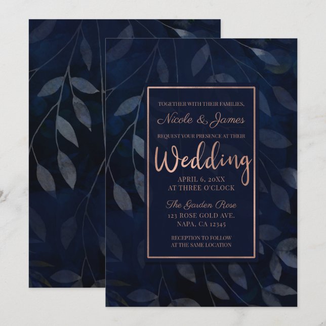 Dark Blue Botanical Leaves Modern Pink Wedding Invitation (Front/Back)