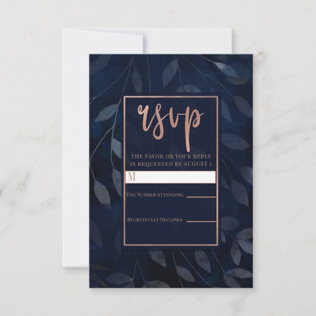 Dark Blue Botanical Leaves Rose Gold Wedding RSVP (Front)