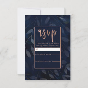 Dark Blue Botanical Leaves Rose Gold Wedding RSVP