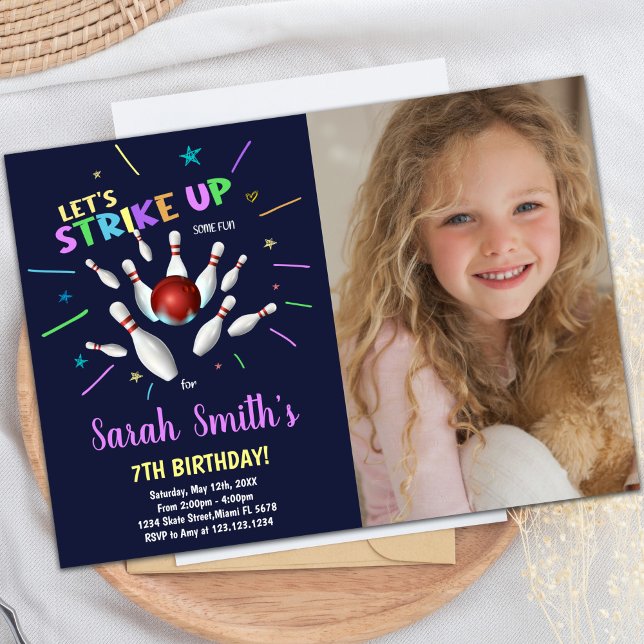 Dark Blue Bowling Birthday Invitations with Photo (Dark Blue Bowling Birthday Invitations with photo)