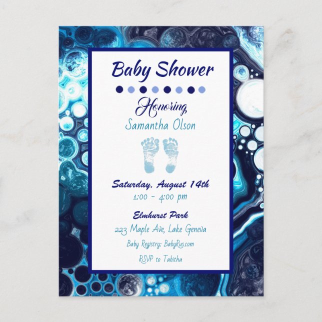 Dark Blue Boy's Baby Shower Invitation Postcard (Front)