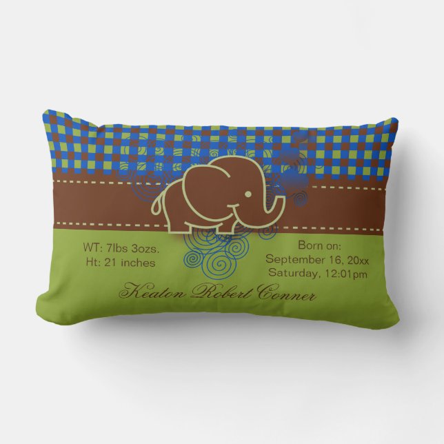 Dark Blue, Brown and Green Plaid Baby Elephant Lumbar Pillow (Front)