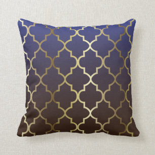 Dark Blue & Brown Blend Gold Quatrefoil Pattern Throw Pillow