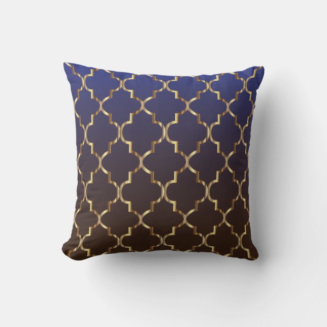 Dark Blue & Brown Blend| Golden Quatrefoil Pattern Throw Pillow (Front)