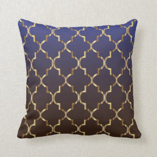 Dark Blue & Brown Blend  Golden Quatrefoil Pattern Throw Pillow