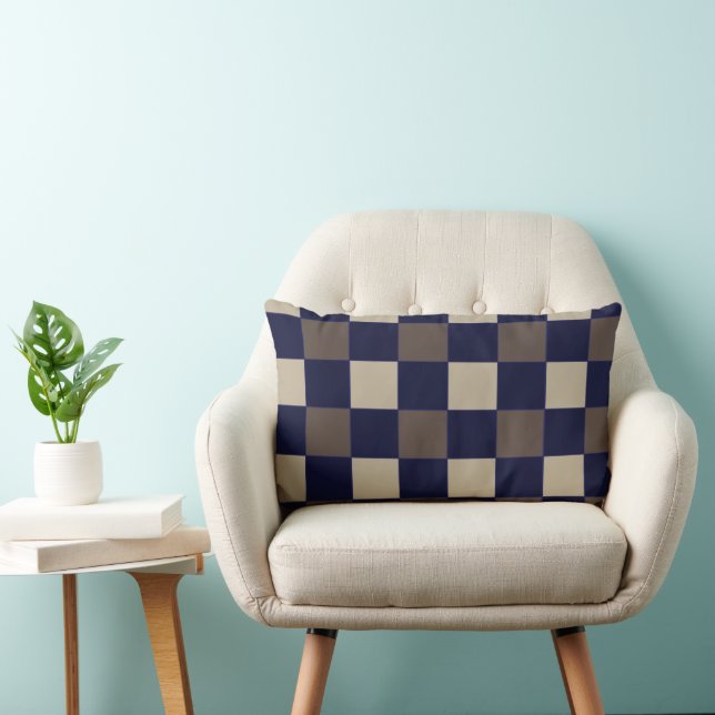 Dark Blue Brown Checks Chequerboard Pattern  Lumbar Pillow (Chair)