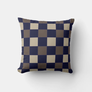 Dark Blue Brown Checks Chequerboard Pattern Throw Pillow