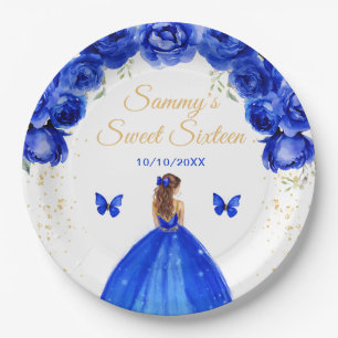 Dark Blue Brown Hair Princess Sweet Sixteen Paper Plate