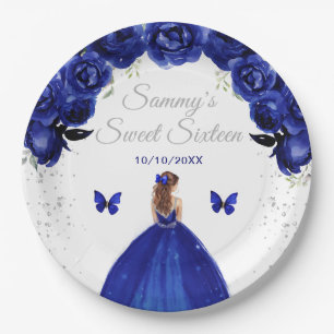Dark Blue Brown Hair Princess Sweet Sixteen Paper Plate