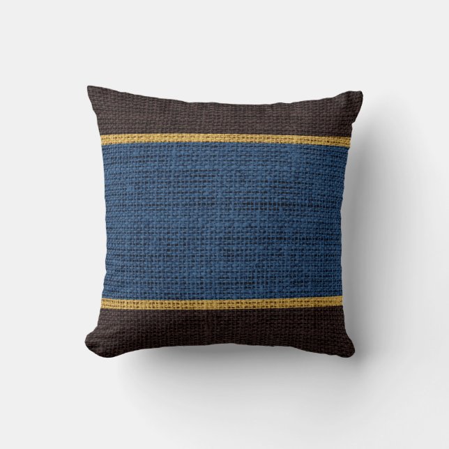 Dark Blue & Brown Rustic Burlap Jute Background Throw Pillow (Front)