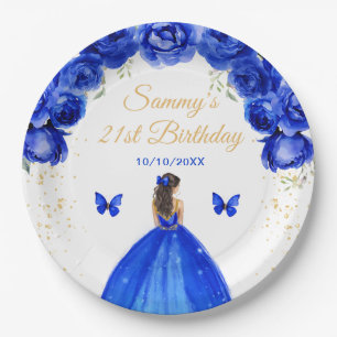 Dark Blue Brunette Hair Princess Birthday Party Paper Plate