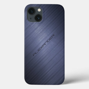 Dark Blue Brushed Aluminum Metal Look 2-Monogram iPhone 13 Case