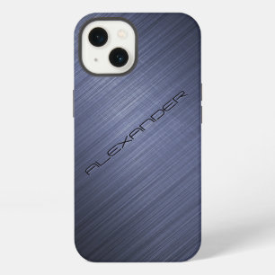 Dark Blue Brushed Aluminum Metal Look 2-Monogram iPhone 13 Case