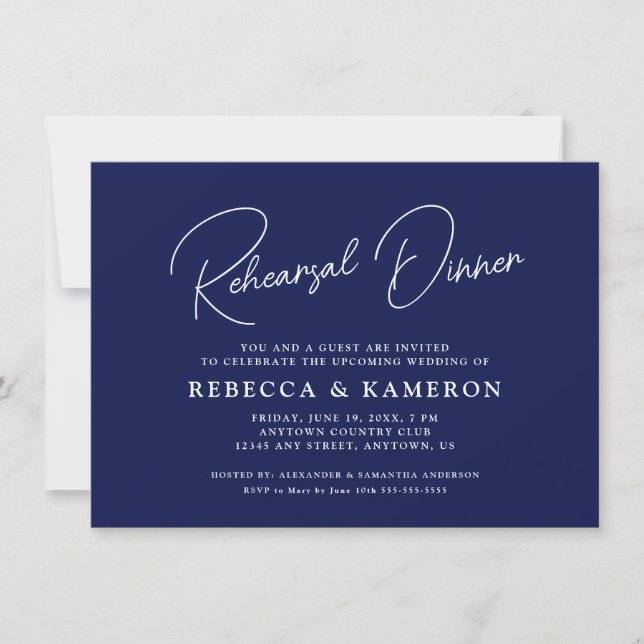 Dark Blue Budget Script Rehearsal Dinner Invitation (Front)