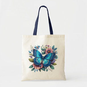 Dark Blue Butterfly laying on top of floral design Tote Bag
