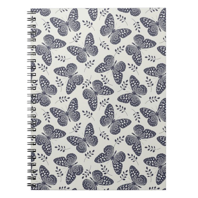 Dark blue butterfly pattern on grey background notebook (Front)