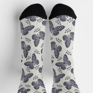Dark blue butterfly pattern on grey background socks