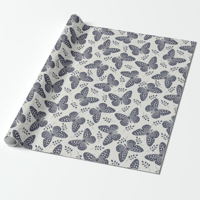 Dark blue butterfly pattern on grey background wrapping paper (Unrolled)