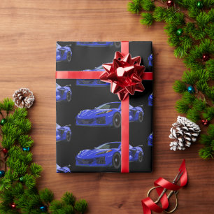 Dark Blue C8 Corvette Sports Car Hand Drawn Wrapping Paper