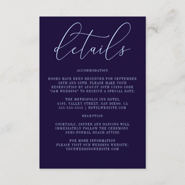 Dark Blue Calligraphy Simple Modern Details Enclosure Card (Front)
