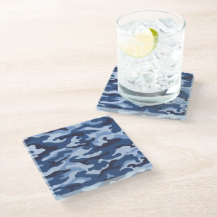 Dark Blue Camouflage Pattern Glass Coaster