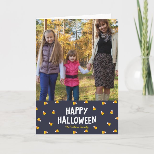 Dark Blue Candy Corn Happy Halloween Photo Card (Front)