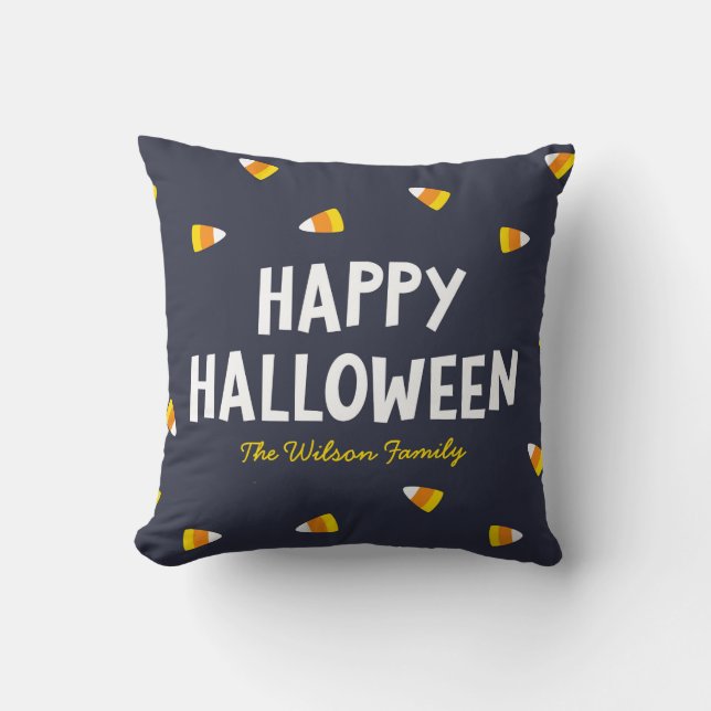 Dark Blue Candy Corn Happy Halloween Throw Pillow (Front)