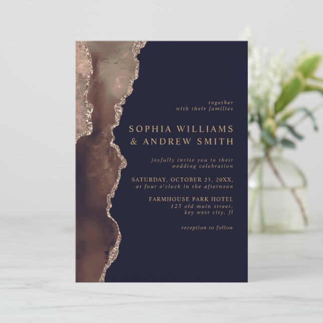 Dark Blue & Champagne Gold Wedding Invitation (Standing Front)