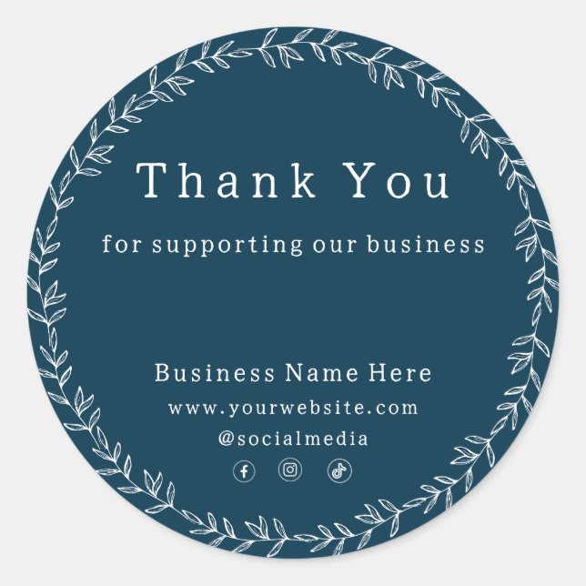 Dark Blue Chic Whimsical Business Wedding Classic Round Sticker (Front)