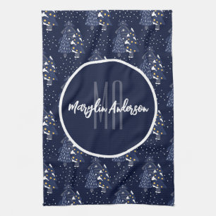 DARK BLUE CHRISTMAS WINTER FOREST MONOGRAM KITCHEN TOWEL