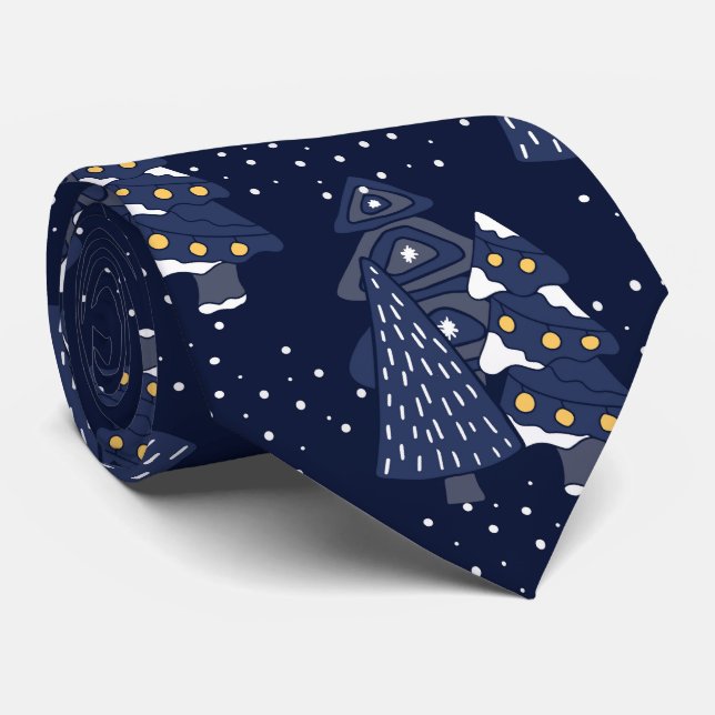 DARK BLUE CHRISTMAS WINTER FOREST MONOGRAM TIE (Rolled)