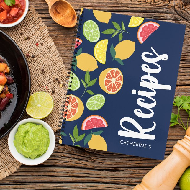 Dark Blue Citrus Lemon Orange Pattern Name Recipes Notebook (Creator Uploaded)