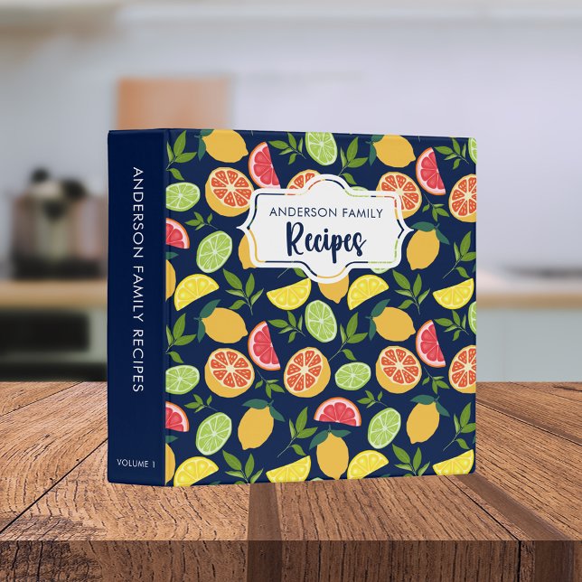 Dark Blue Citrus Lemon Pattern Chic Family Recipes Binder (Creator Uploaded)