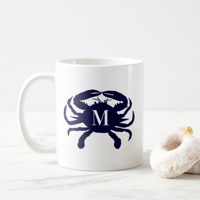 Dark Blue Crab Monogrammed Coffee Mug (With Donut)