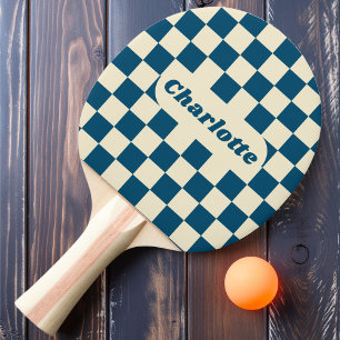 Dark Blue & Cream Chequered with Name Ping Pong Paddle