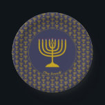 Dark Blue Customizable | Hanukkah | MENORAH Paper Plate<br><div class="desc">Elegant dark blue MENORAH Paper Plates, showing with faux gold grey menorah in a tiled pattern. At the centre, there is an image of a large menorah which is CUSTOMIZABLE, so you can upload your own image. Underneath, the text reads CHAG SAMEACH. This is also customizable so you can add...</div>