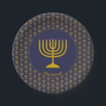 Dark Blue Customizable | Hanukkah | MENORAH Paper Plate<br><div class="desc">Elegant dark blue MENORAH Paper Plates, showing with faux gold grey menorah in a tiled pattern. At the centre, there is an image of a large menorah which is CUSTOMIZABLE, so you can upload your own image. Underneath, the text reads CHAG SAMEACH. This is also customizable so you can add...</div>