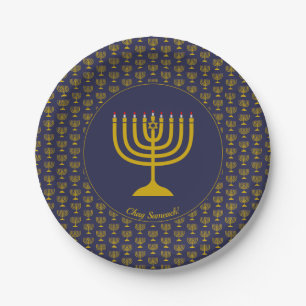 Dark Blue  Customizable   Hanukkah   MENORAH Paper Plate