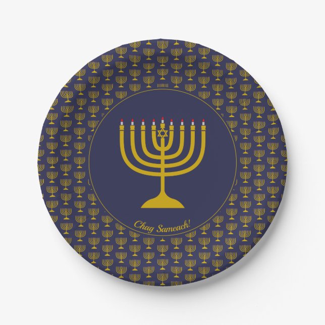 Dark Blue  Customizable | Hanukkah | MENORAH Paper Plate (Front)