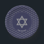 Dark Blue Customizable STAR OF DAVID Paper Plate<br><div class="desc">Elegant dark blue STAR OF DAVID Paper Plates, showing with faux silver Magen David in a tiled pattern. At the centre, there is an image of a larger Star of David, which is CUSTOMIZABLE, so you can upload your own image. Underneath, the text reads CHAG SAMEACH. This is also customizable...</div>