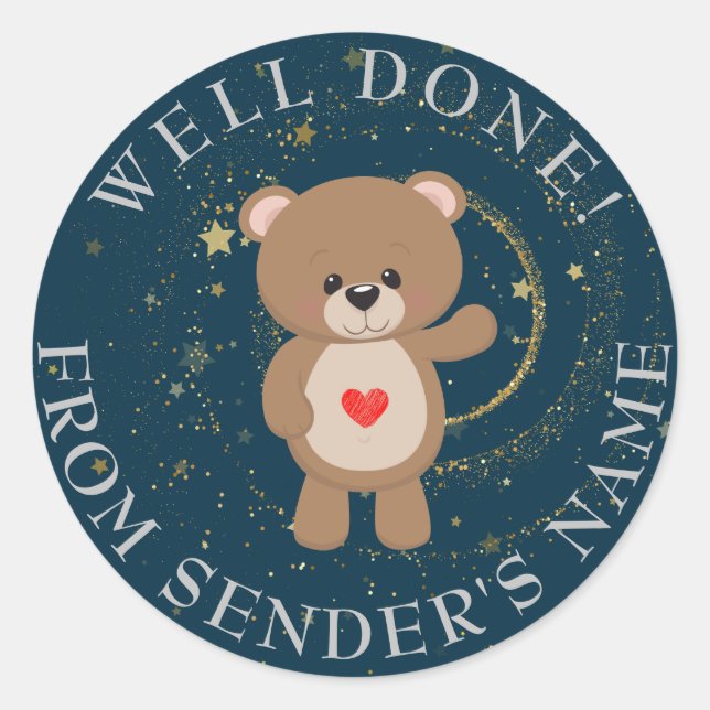 Dark Blue Cute Bear Stars Glitter Well Done Classic Round Sticker (Front)