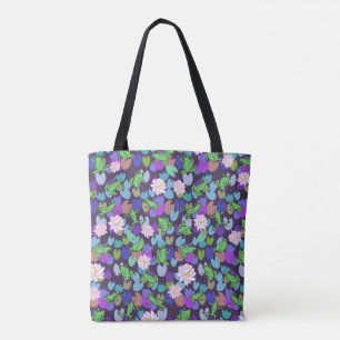 Dark Blue Cute Frog Art And Waterlilies Tote Bag
