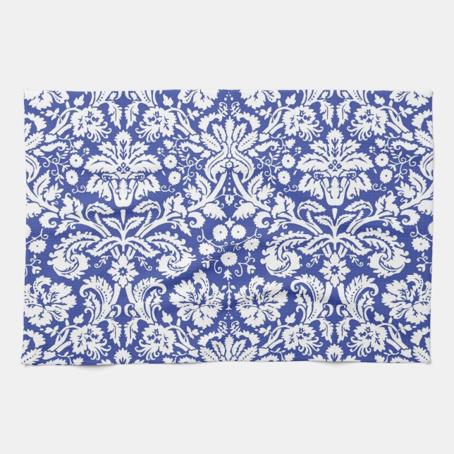 Dark blue damask pattern kitchen towel (Horizontal)