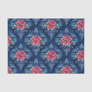Dark Blue Damask with Red Poinsettia Flowers Tissue Paper