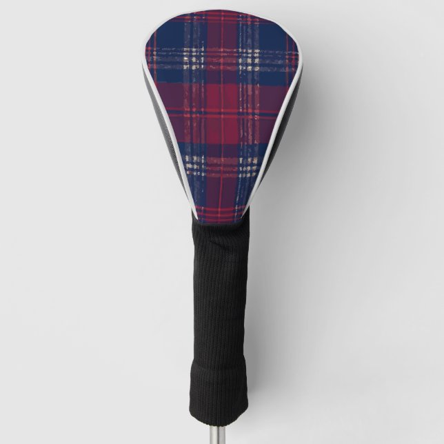Dark Blue & Dark Maroon Plaid – Classic Modern Golf Head Cover (Front)