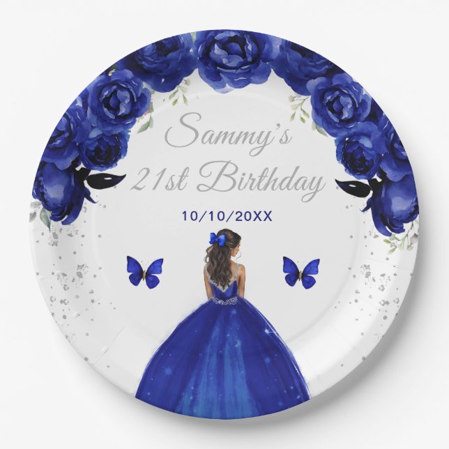Dark Blue Dark Skin Princess Birthday Party Paper Plate (Front)